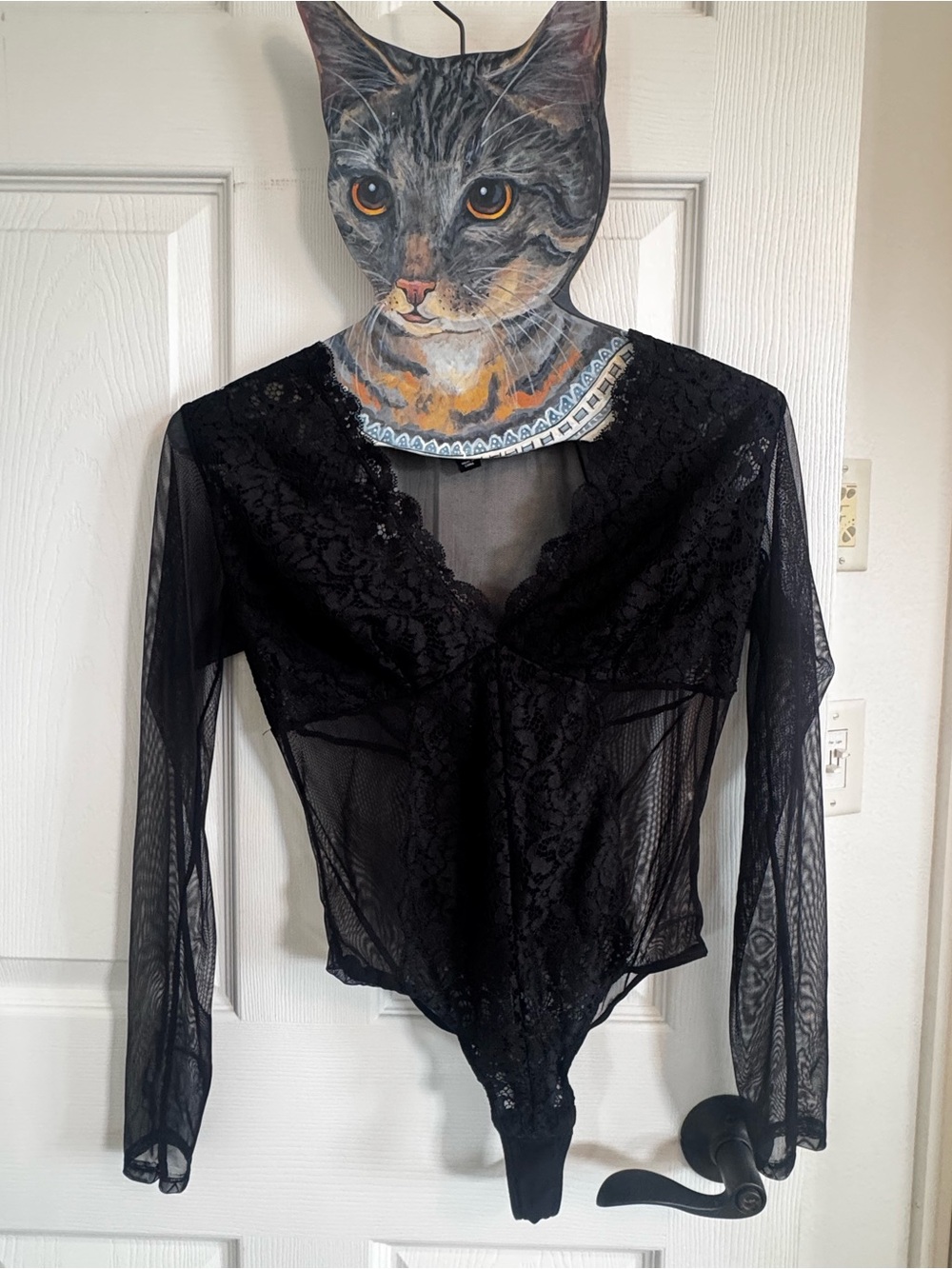 INC International Concepts Black Lace Sheer Long-Sleeve Bodysuit